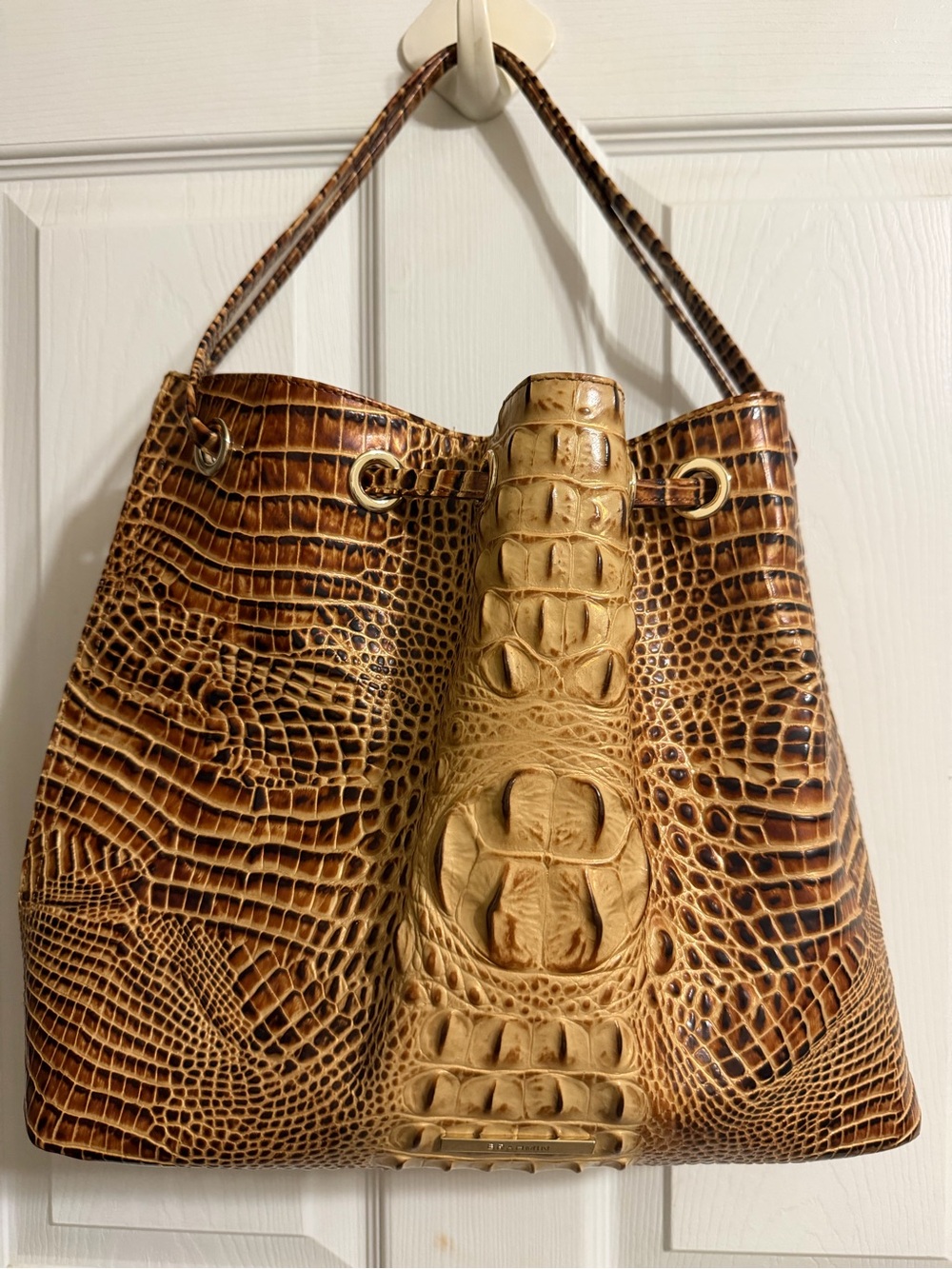 Brahmin Croc-Embossed Shoulder Bag in Brown and Tan